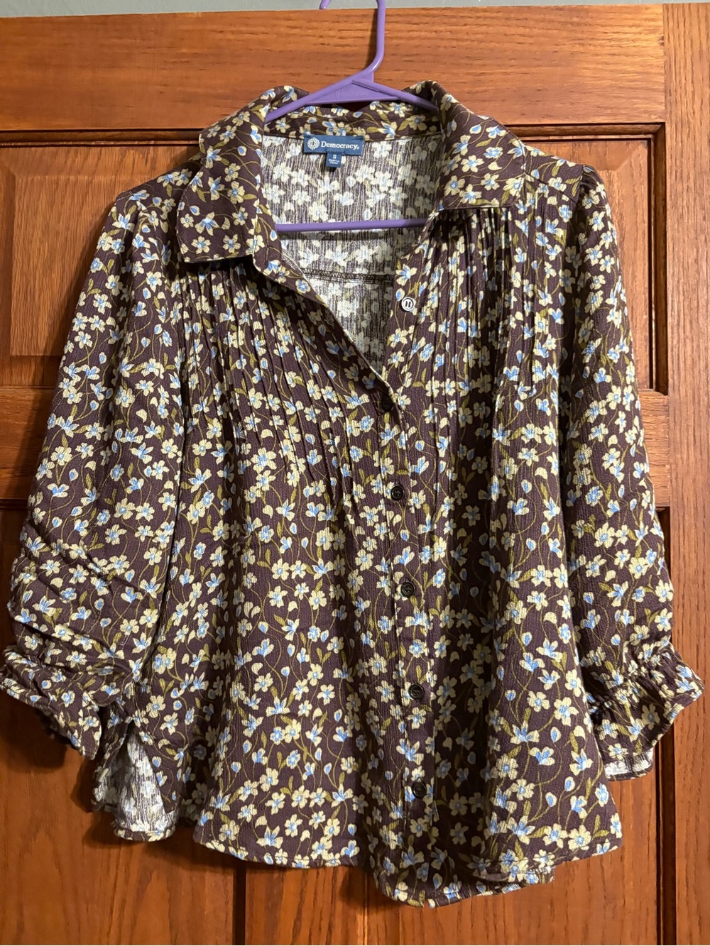 Democracy Brown Floral Button-Front Shirt with Yellow & Light Blue Flowers